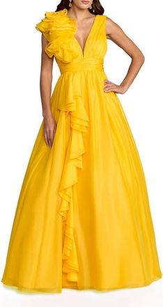 Mac Duggal Chiffon One Shoulder Ruffle Detail Ball Gown in Marigold at Nordstrom, Size 12