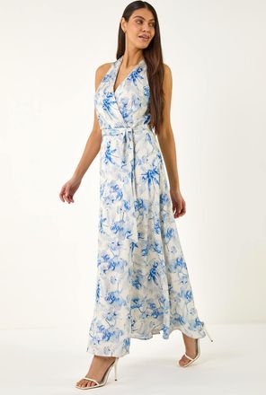 Roman Floral Swirl Halter Neck Dress