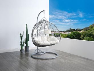 Vente-Unique Poltrona sospesa 2 posti in resina intrecciata grigio con cuscino bianco - CAYAMBE