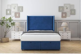 Comfort Beds Madrid Plush Ottoman Bed Base-54 Wingback Headboard in Navy | Size: Small Single
