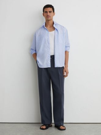 Reiss Soft Blue Lyocell Stripe Button-through Overshirt, Xxl