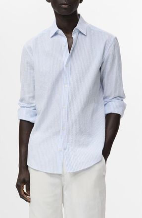 Mango Stripe Stretch Cotton Seersucker Button-Up Shirt in Sky Blue at Nordstrom, Size X-Large