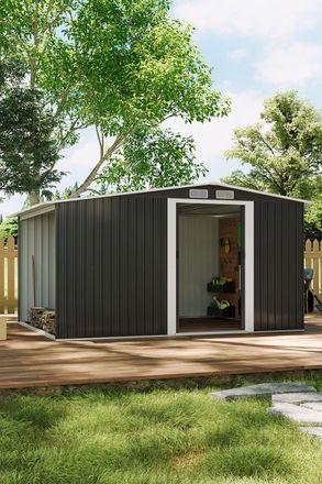 Living and Home 8x8 FT Garden Metal Storage Shed with 8.5x2.2 FT Log Store, Double Doors Lockable Weatherproof Outdoor Shed for Garden Tools in Black