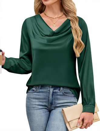 Blooming Jelly Womens Satin Blouse Cowl Neck Draped Silky Long Sleeve Dressy Tops Fall Trendy Fashion Business Casual Outfit, Emerald Green, M
