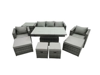 Fimous Rattan Lounge Sofa Rising Dining Table Set & Side Table 4 Footstool in Dark Grey