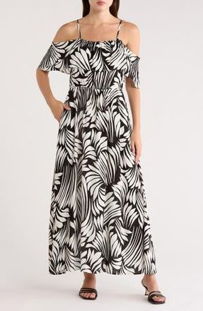 Area Stars Fan Print Cold Shoulder Maxi Dress in Black at Nordstrom Rack, Size X-Small
