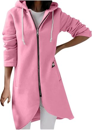Generic KUIH Womens Long Hoodies Sweatshirts Zip Up Plain Hoodie Long Sleeves Ladies Fleece Lined Longline Hoodie Jacket Casual Loose Hooded Duster Coat Zippe