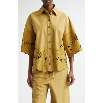 Zimmermann Mahon Oversize Embroidered Cutwork Cotton Button-Up Shirt in Moss at Nordstrom, Size 2