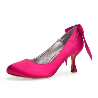 Generic Wedding Shoes Bridal Womens Low Closed Round Toe High Heels Classic Slip on Sexy Satin Stiletto Formal Dress Heel Shoes 7Cm,Rose red,9 UK