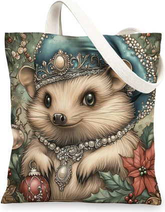 Generic Vintage Christmas Hedgehog Canvas Tote Bag for Shopping 13x15, Retro Xmas Animal Reusable Grocery Print Pattern Bag for Women, Holiday Beach Aesthetic