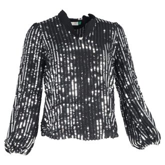 Rixo Moss Stripe Peasant Blouse in Black Sequins