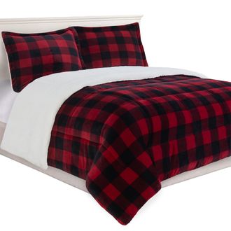 Elegant Comfort 3-Piece Buffalo Micro-Suede Reversible Sherpa - Lodge-Plaid Pattern Comforter Set