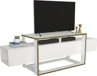 Dmora Mobile porta tv Jo, Credenza da soggiorno, Armadio basso per tv, Base parete attrezzata, 160x46h50 cm, Bianco e Oro - Dmora