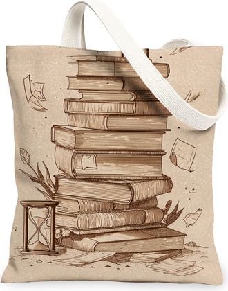 Generic Vintage Artistic Canvas Tote Bags, Book Stack Design Reusable Grocery Bags, Lightweight Washable Shoulder Strap for Shoppin, Beige, 13x15 Inch