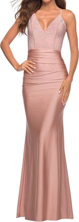 La Femme V-Neck Rhinestone Beaded Top Prom Dress In Mauve