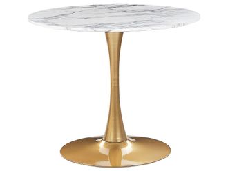 Beliani Tavolo Da Pranzo Tondo 90 Cm Effetto Marmo Bianco Base In Metallo Dorato Per Cucina 4 Posti Boca