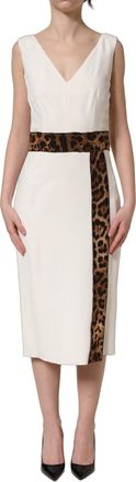 Dolce & Gabbana Womens White Leopard Sleeveless Sheath Midi Dress Acetate Elastane Silk Viscose