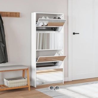Berkfield Home Shoe Cabinet with Mirror 4-Layer High Gloss White 63x17x134 cm | Size: 63 x 17 x 134 cm