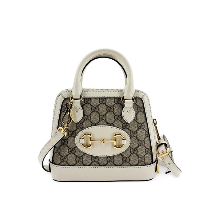 Horsebit 1955 Top Handle Gg Coated Canvas With Leather Beige Canvas Handbag (Pre-Owned)