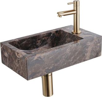 Saniclass Fuente Fonteinset - 40x22x10cm - kraangat rechts - fonteinkraan geborsteld messing PVD - afvoerplug - verlaagd sifon - Dark Emporador