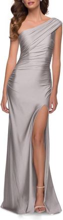 La Femme One Shoulder Shiny Ruched Jersey Dress with Slit in Silver at Nordstrom, Size 10