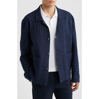 BOSS Carper Textured Long Sleeve Camp Shirt in Dark Blue at Nordstrom, Size 42