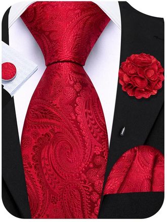 Barry.Wang Red Tie 63 Paisley Silk Ties Set Pocket Square Cufflinks and Lapel Pin Extra Long Necktie Wedding