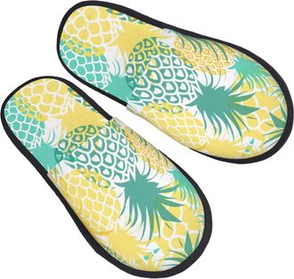Generic Soft Cotton Slipper Tropical Pineapple print Fluffy Slipper Non-Slip Spa Slippers for Travel Bedroom Hotels L