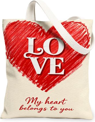 Generic Love Heart Canvas Tote Bags, Romantic Heart Design Reusable Grocery Bags, ValentineS Day Chic Lightweight Washable Canvas, Red, 13x15 Inch