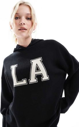 South Beach Felpa nera a coste con cappuccio e scritta LA-Nero