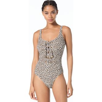 Michael Kors Small Leopard Lace Up One-Piece Swimsuit in White Mlti at Nordstrom, Size 16