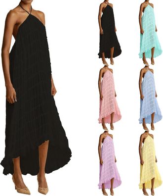 Generic Boho Dresses Womens Summer Long Maxi Dress Sexy Halterneck Beach Dress Casual Sleeveless Wrap Dress Lightweight Beach Casual Dresses Plain Summer Dres