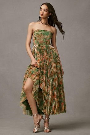 Hutch Costella Strapless Pleated Floral Tulle Midi Dress
