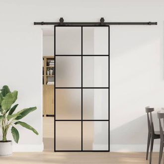 vidaXL Puerta Corredera Con Set Herrajes Negro 90x205 Cm Vidrio Esg