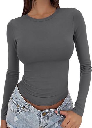 Generic Y2K Womens Long Sleeve Tops Slim Fit Crewneck Stretch T-Shirt Basic Layering Top Sports Gym Casual Wear A01(Dark Grey, L) Chiffon Bluse