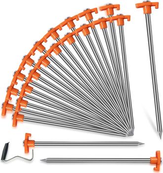 OEM Paquete De 20 Estacas Para Tienda De Campa&ntilde;a, Acero Galvanizado, Cabeza En T, 25 Cm, Naranja, Camping, Jardiner&iacute;a, Senderismo
