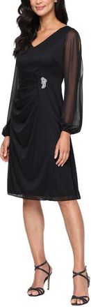 S.L. Fashions Metallic Illusion Long Sleeve Cocktail Dress in Black at Nordstrom, Size 14