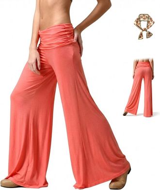 Generic Coral Fold Over Yoga Pants, Solid Wide Leg Loose Fit Lounge Pants, Ruched Waist for Yoga, Sports & Everyday Wear (S)