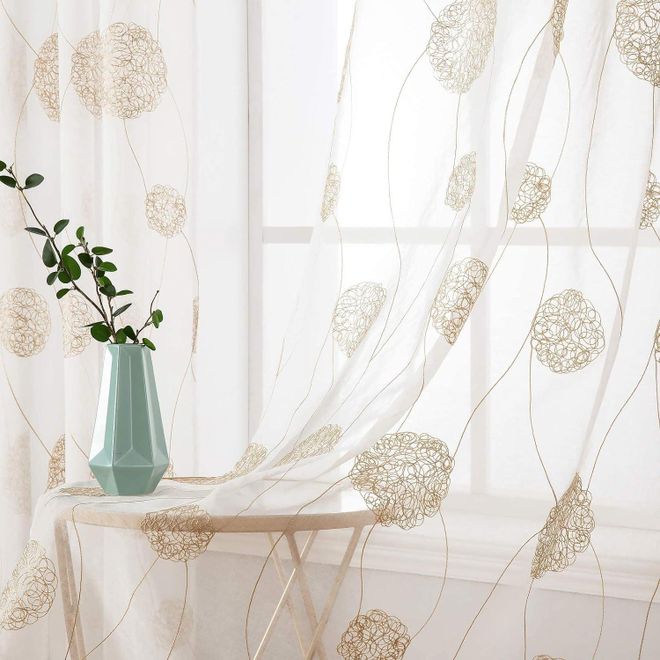 Miulee Vorhänge mit Florales Stickerei, Gardinen Weiß mit Golden Muste für Wohnzimmer, Schlafzimmer Vorhang Transparent mit Ösen, 2er Set Voile Blumen Durchs ab 33,99 €