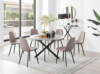Furniturebox Novara Grey Concrete Effect Black Leg 120cm Round Dining Table & 6 Corona Black Leg Chairs in Beige