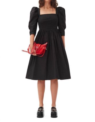 Ganni Open Neck Smock Dress In Black