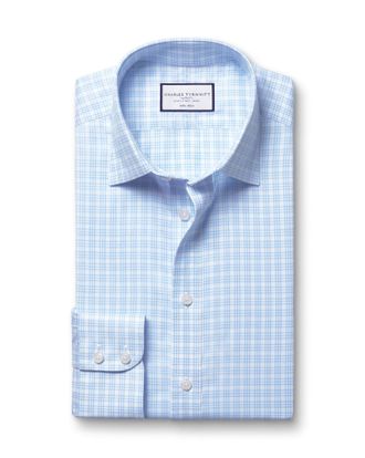 CHARLES TYRWHITT Non-Iron Twill Checkered Cotton Formal Shirt - Sky Blue Single Cuff Size Small by Charles Tyrwhitt