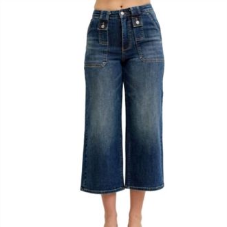 Judy Blue High Waist Crop Utility Denim Jeans In Darker Mid-Tone Blue