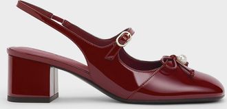 Charles & Keith Patent Bow Crystal-Pearl Slingback Mary Jane Pumps