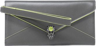 Bulgari Gray Green Leather Long Wallet (Bi-Fold) (Pre-Owned)