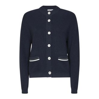 Brunello Cucinelli Brunello Cucinelli, Cardigans, female, Blue, Size: XS Cotton Ribbed Cardigan with Shiny Pocket Details