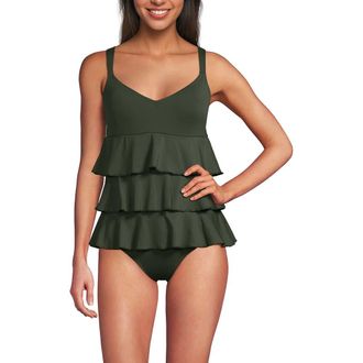 Lands End Smoothing Control Ruffle Fauxkini One Piece Swimsuit in Rich Olive Green at Nordstrom, Size 12