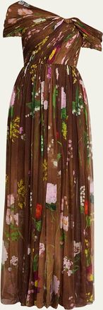 Oscar De La Renta One-Shoulder Mixed Botanical Silk Chiffon Gown