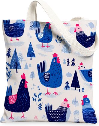 Generic Fanciful Chicken Canvas Tote Bags, Modern Farm Animal Pattern Reusable Grocery Bags, Lightweight Washable Shoulder Strap Ca, Blue, 13x15 Inch