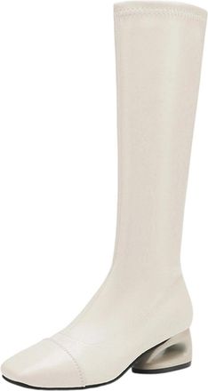 Generic White Ladies Casual Winter Knee-High Boots Featuring Square Toe and Side Zipper Design Special-Shaped Low Heel
